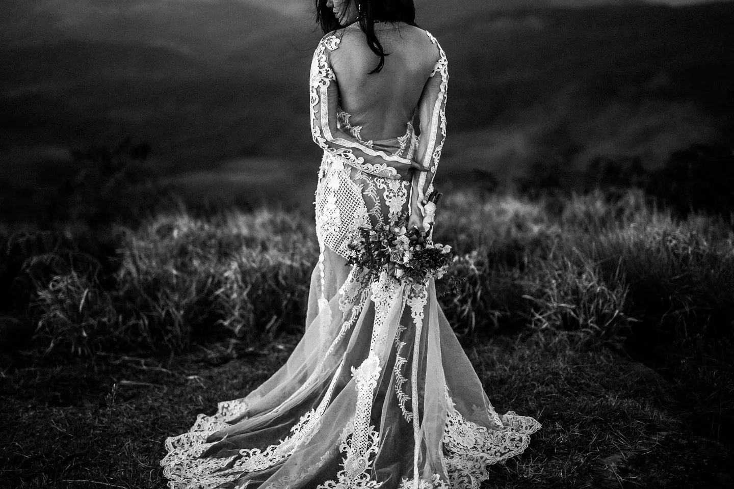 A woman in a wedding dress standing on top of a hill.